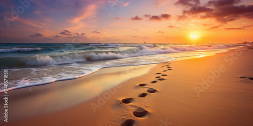 A beach with footprint and wave of the sea. photo