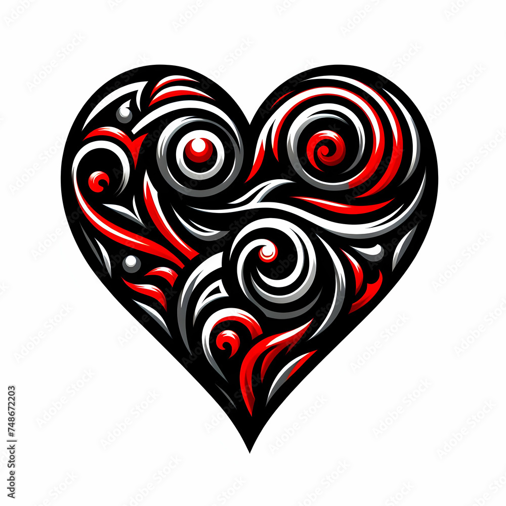 red tattoo heart, love, valentine, vector, floral, design, decoration, shape, illustration, tattoo, pattern, Ai generated 