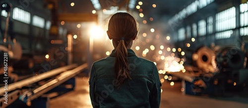 a woman is in an industrial factory producing iron welding metal and the light triggers, portrait from behind photo