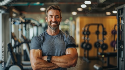 Fit and smiling male personal trainer with arms crossed standing in a well-equipped gym setting.