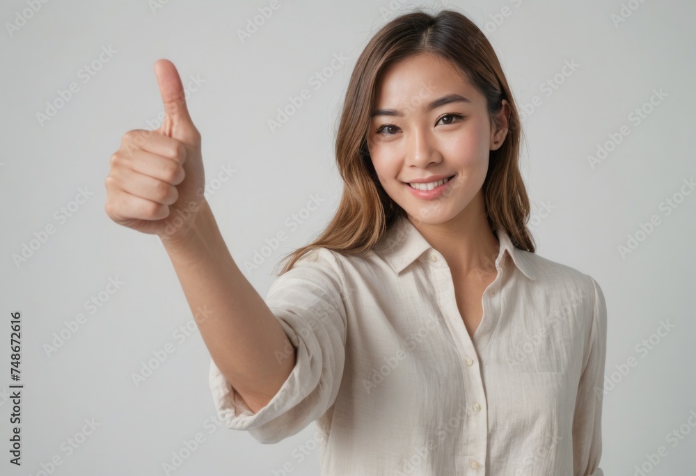A woman in a light casual shirt gives a thumbs up, her smile and direct gaze suggesting confidence and approval. A woman in a light casual shirt gives a thumbs up, her smile and direct gaze suggesting confidence and approval.