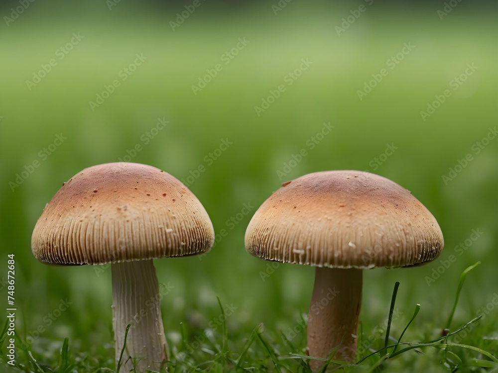 Two Adorable Mushrooms Amid Natural Beauty with Blurred Background.