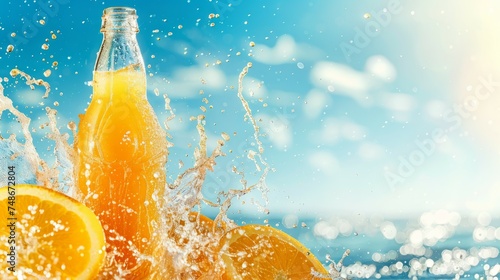 Refreshing orange juice splash from a bottle with sliced citrus on a sunny, blue sky backdrop.