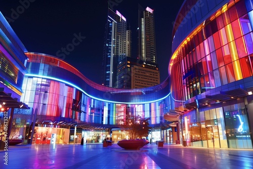 Beautiful Cityscape of a Modern Futuristic Buildings and Towers in the Lights of a Night City Beauty of Luxury Life of Emirates Dubai United Arab Emirates

