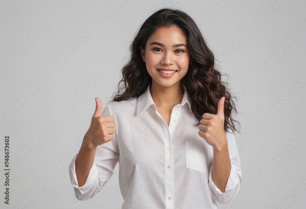 A friendly woman in a white shirt gives two thumbs up, her bright smile and open demeanor suggesting a welcoming personality. A friendly woman in a white shirt gives two thumbs up, her bright smile and open demeanor suggesting a welcoming personality.