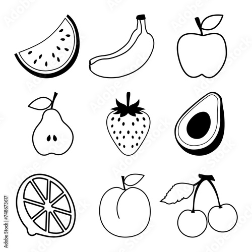 fruit set on white background with black outline