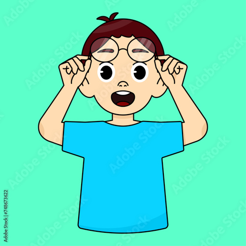 Boy shocked and surprised, raising his glasses
