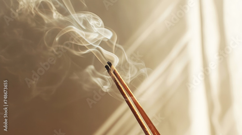 Aesthetic incense sticks with smoke on a light sunny background. Spa meditation concept. Copy space. Generative AI photo