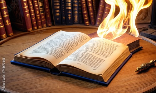 A tome alight with vigorous flames sits on an elegant wooden desk, symbolizing the burning thirst for knowledge and the illumination of the mind. photo