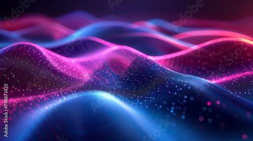 Abstract digital landscape with flowing neon waves and particles on a dark background  representing futuristic technology or data.