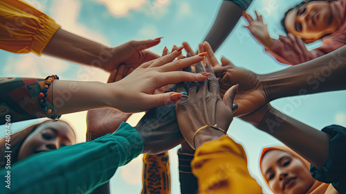 A diverse group of individuals standing in a circle, joining their hands together in unity and solidarity