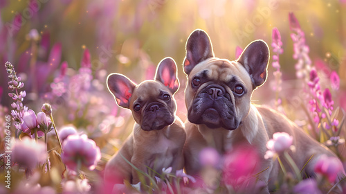 Cinematic photograph of french bulldog and baby in a field full of blooming flowers. Mother's Day. Pink and purple color palette. © MadSwordfish