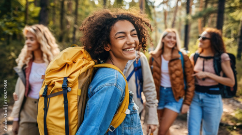 A group of young women walking together through a lush forest