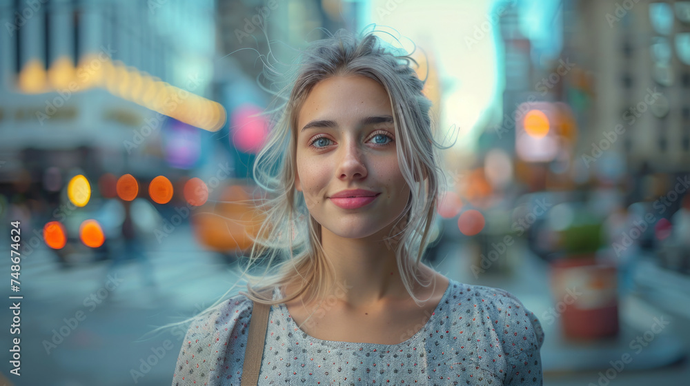 A young woman smiles gently while standing on a bustling city street at twilight, with soft focus lights creating a bokeh effect in the background.