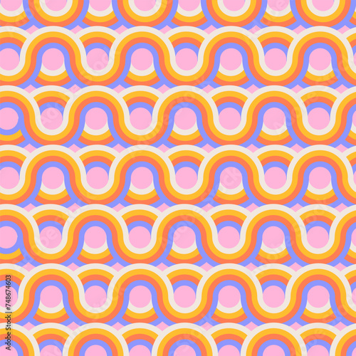 50s Mid Century Modern Seamless Pattern with round wavy striped shapes. Flat vector geometric illustration.