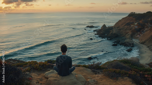 A man sits calmly on the edge of a cliff, gazing out at the vast expanse of the ocean below, the waves crashing against the rocks © sommersby