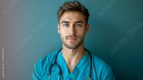 Young male healthcare professional in scrubs with a stethoscope around his neck stands against a solid colored backdrop. He displays confidence and professionalism.
