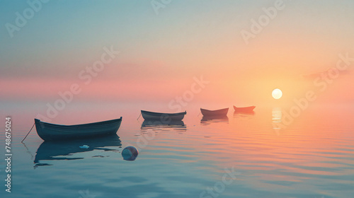 Fishing boats is floating at sea while the sun is risi photo