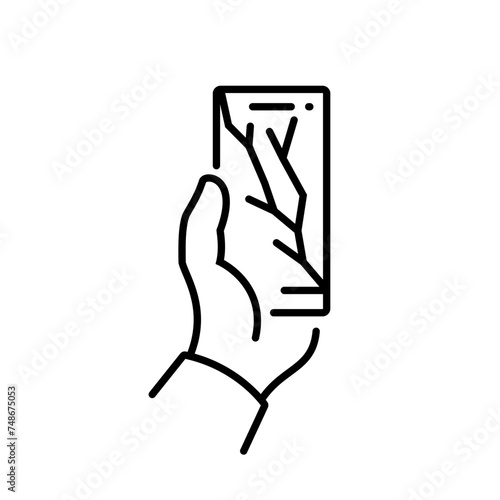 Smartphone with a cracked screen. Broken phone black line icon. Crack on screen. Vector illustration flat design style. Mobile phone is broken.