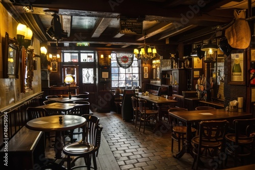 Traditional English pub, with hearty dishes like fish and chips, bangers and mash, and steak and kidney pie being served alongside pints of ale. 
