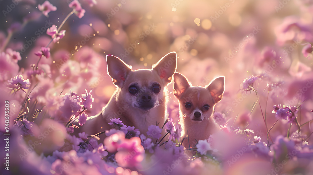 Cinematic photograph of chiuaua dog and baby in a field full of blooming flowers. Mother's Day. Pink and purple color palette.