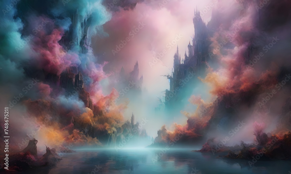 Ethereal spires rise from a reflective water body, creating a mystical landscape bathed in otherworldly light. AI generation
