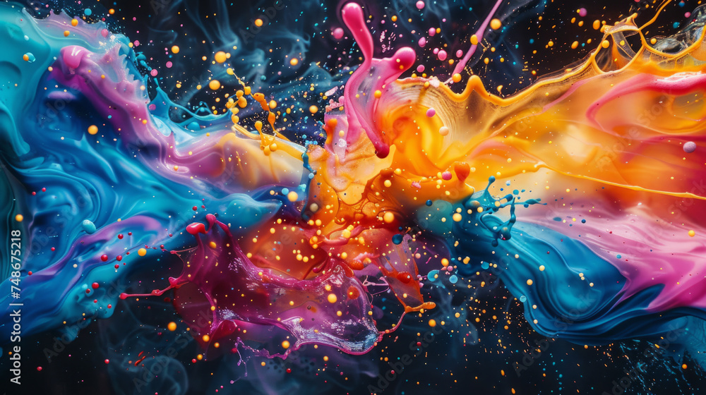 Vibrant splash of colors merging on a dark background, depicting a dynamic and artistic abstract concept with a fluid and lively feel. Vibrant splash of colors merging on a dark background, depicting a dynamic and artistic abstract concept with a fluid and lively feel.