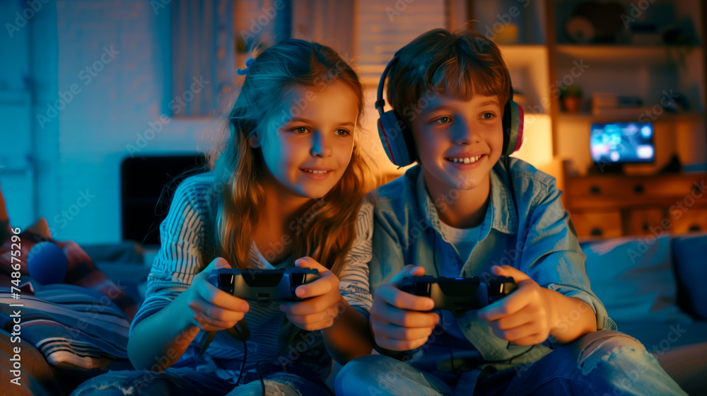 Children playing video games in a cozy living room at night.