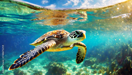 Close-up of a sea turtle swimming under the ocean surface, side and front view, clear sky on background. Generative Ai. © Alberto Masnovo