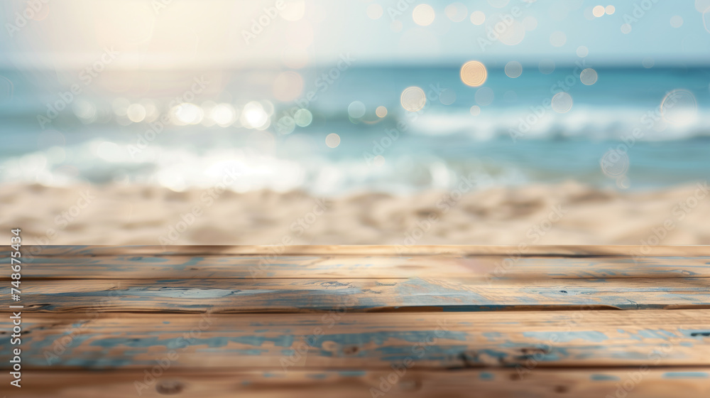 Fototapeta premium An empty wooden desk set against an ocean background with bokeh sunlight. Background for displaying summer and tropical beach products.