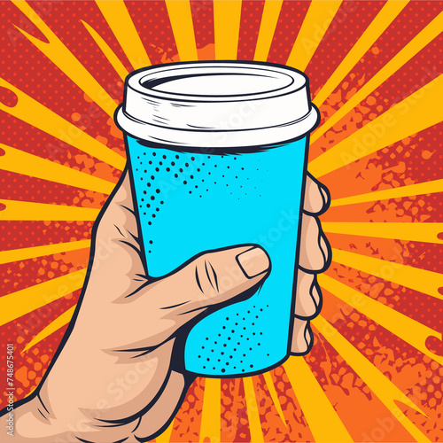 Hand holding a paper cup of coffee. Fast food illustration in pop art retro comic style.