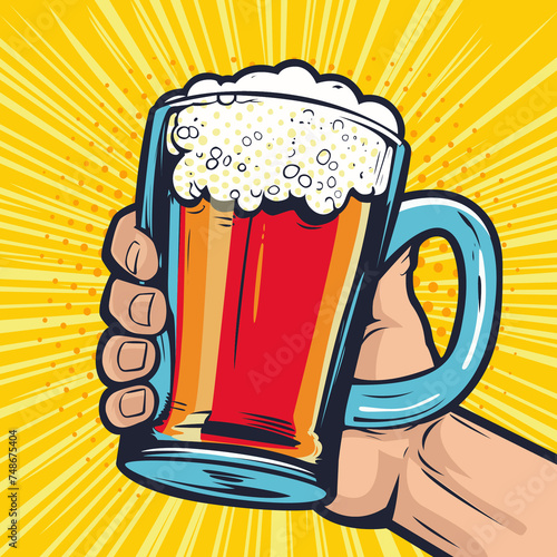 Foamy glass mug of beer in hand. Fast food vector illustration in pop art retro comic style