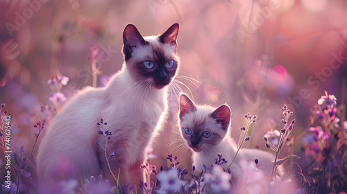Cinematic photograph of siamese cat and baby in a field full of blooming flowers. Mother's Day. Pink and purple color palette.
