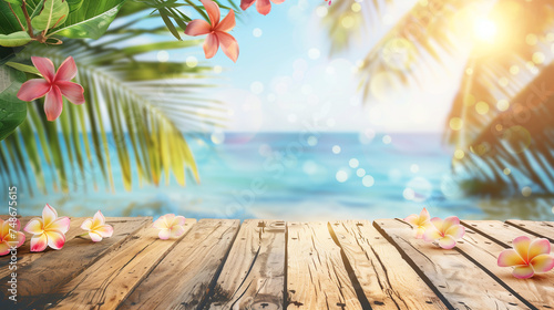 An empty wooden desk adorned with plumeria flowers and palm leaves sits against blue ocean backdrop, illuminated by bokeh sunlight. Background for displaying summer and tropical beach products.