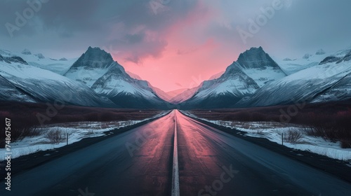 a long stretch of road in the middle of a mountain range with snow on the mountains and a pink sky. photo