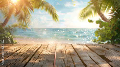 An empty wooden desk adorned with palm tree against an ocean backdrop, illuminated by bokeh sunlight. Background for displaying summer and tropical beach products.