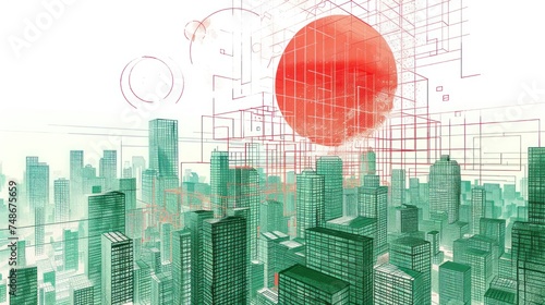 a digital painting of a cityscape with a red circle in the middle of the image and a red circle in the middle of the image. photo