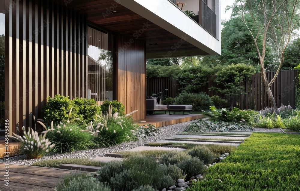 Luxurious landscaped backyard of a house with an exclusive design Luxurious landscaped backyard of a house with an exclusive design
