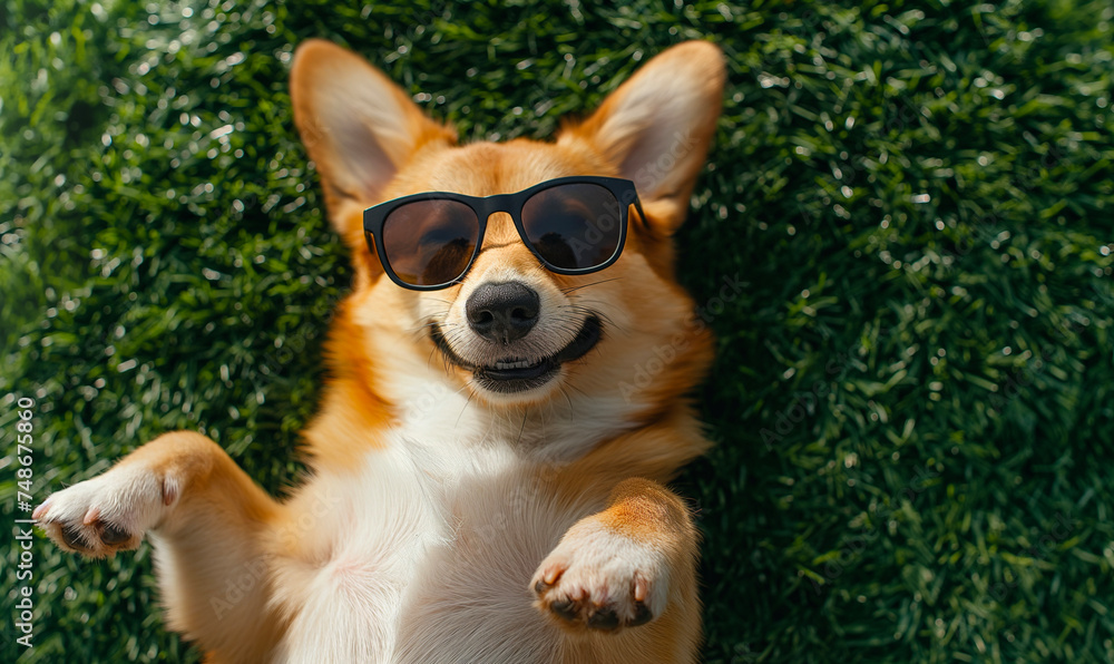 Joyful Corgi Dog with Sunglasses Lying on Green Grass Joyful Corgi Dog with Sunglasses Lying on Green Grass