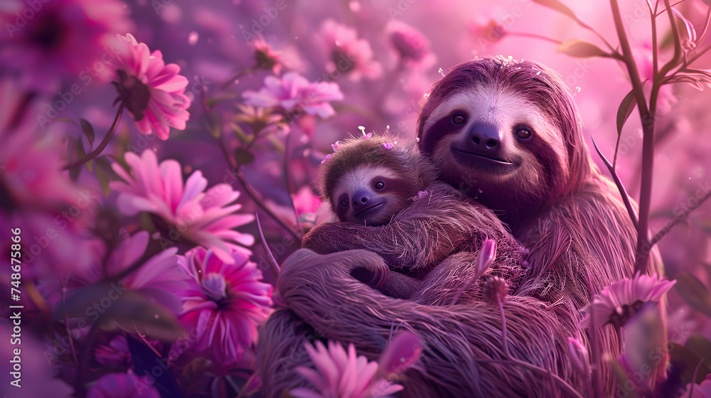 Fototapeta premium Cinematic photograph of sloth and baby in a field full of blooming flowers. Mother's Day. Pink and purple color palette.