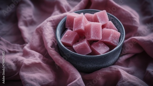a bowl filled with watermelon slices on top of a pink cloth next to a bowl of watermelon slices.