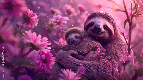 Cinematic photograph of sloth and baby in a field full of blooming flowers. Mother's Day. Pink and purple color palette.