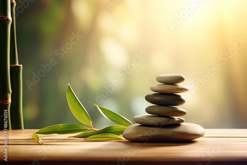 stones on a table with bamboo and leaves