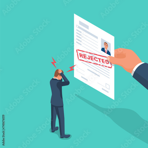 Reject resume. Head hunter holds a stamped candidate document rejecting a job application. Sad business manager. Job search. Vector isometric design. Isolated on white background. Bad news about work.