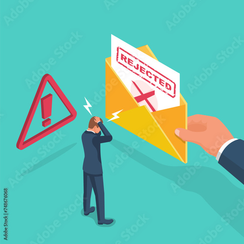 The businessman receives a refusal letter. Rejected concept. Paper document, resume with stamp refusal. Open an envelope with a message. Vector illustration isometric design.