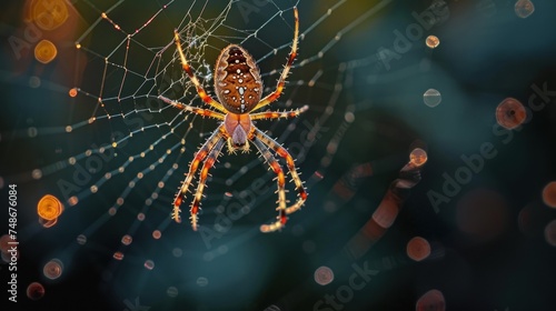 a close up of a spider on it's web with drops of dew on the spider's web. © Alice