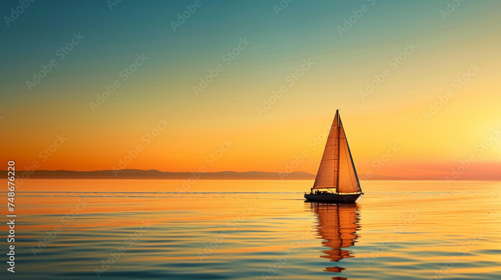 A lone sailboat gracefully navigating through calm waters during a serene sunset. Generative Ai