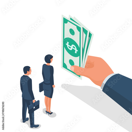 Salary time concept. Boss holding money in hand. Workers man and woman stand in line. Employer and staff. Vector illustration isometric design. Isolated on background.