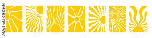Yellow Sun Collection backgrounds. Groovy doodle shapes in trendy retro 60s 70s style. Template poster or banner with sun and wavy rays