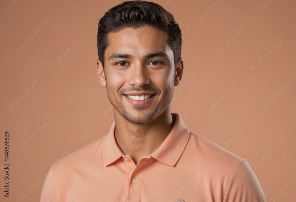 A man in a salmon polo shirt offers a friendly smile, portraying a smart casual look. A man in a salmon polo shirt offers a friendly smile, portraying a smart casual look.